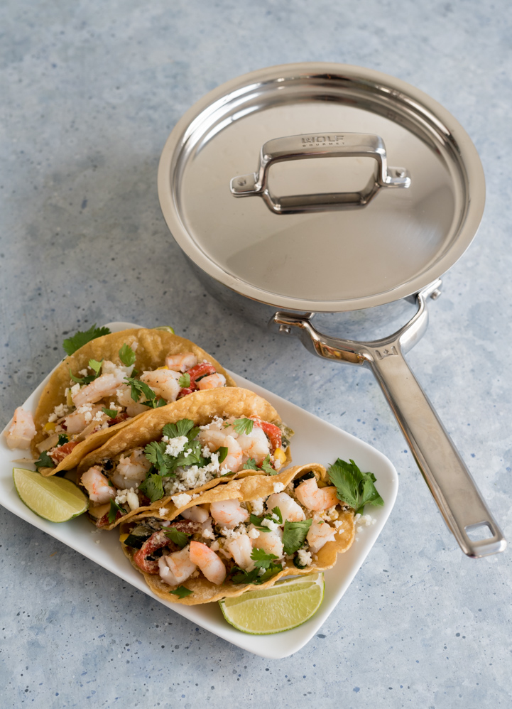 Roasted Pepper, Zucchini and Corn Rajas Shrimp Tacos www.pineappleandcoconut.com #WolfGourmet