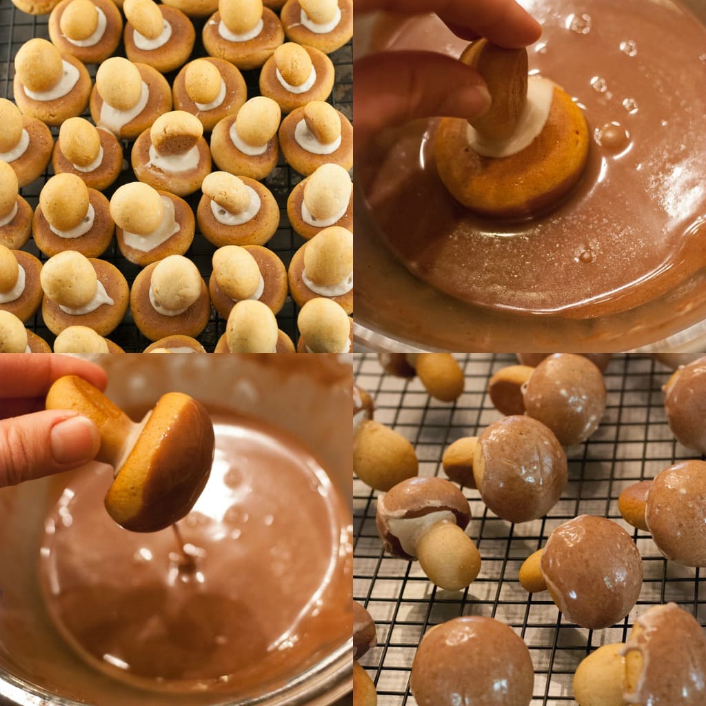 glazing mushroom cookie caps then drying the cookies