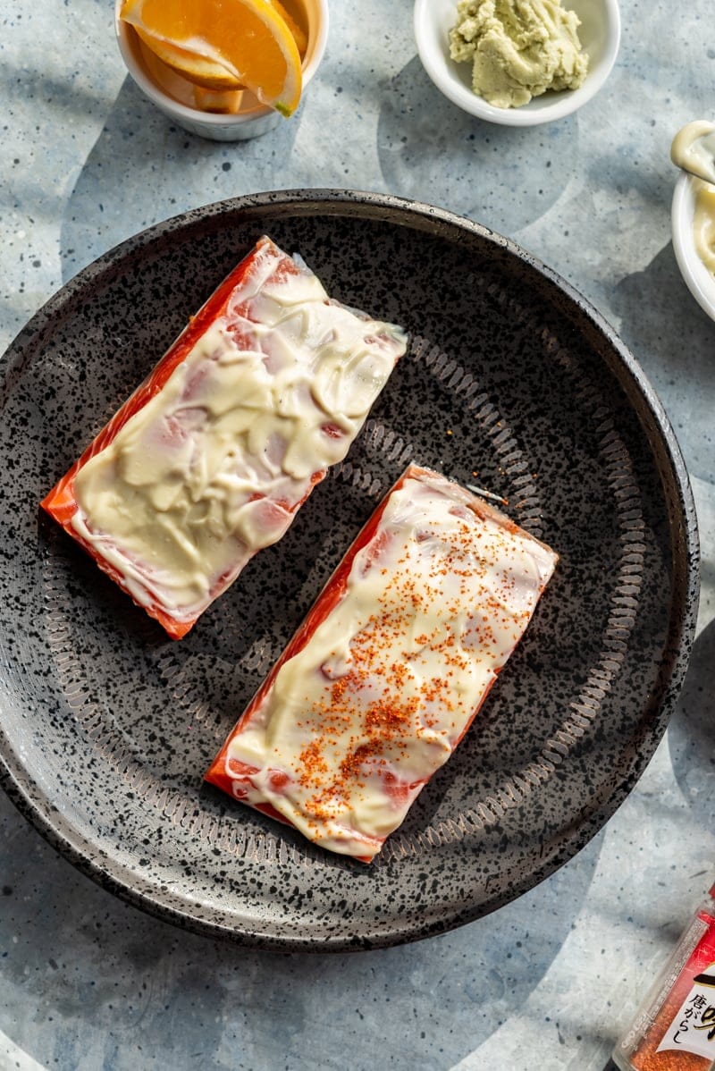 wild sockeye salmon prep pic with mayonnaise and spices www.pineappleandcoconut.com