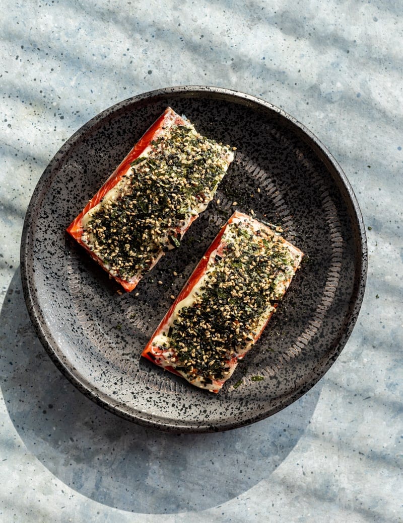 wild sockeye salmon prep pic with spices, mayonnaise and furikake seasoning www.pineappleandcoconut.com