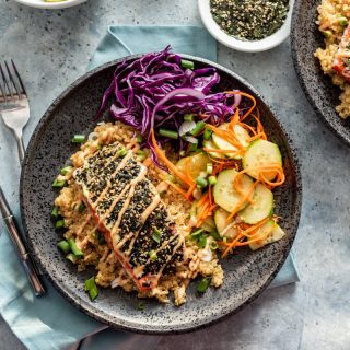 Spicy Furikake Salmon with Quinoa and Quick Pickled Cucumbers www.pineappleandcoconut.com