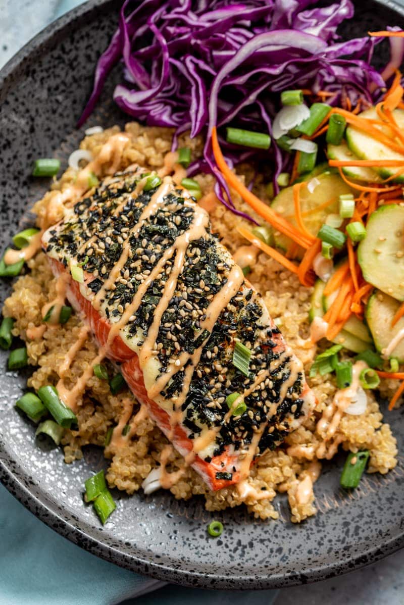 Spicy Furikake Salmon with Quinoa and Quick Pickled Cucumbers www.pineappleandcoconut.com