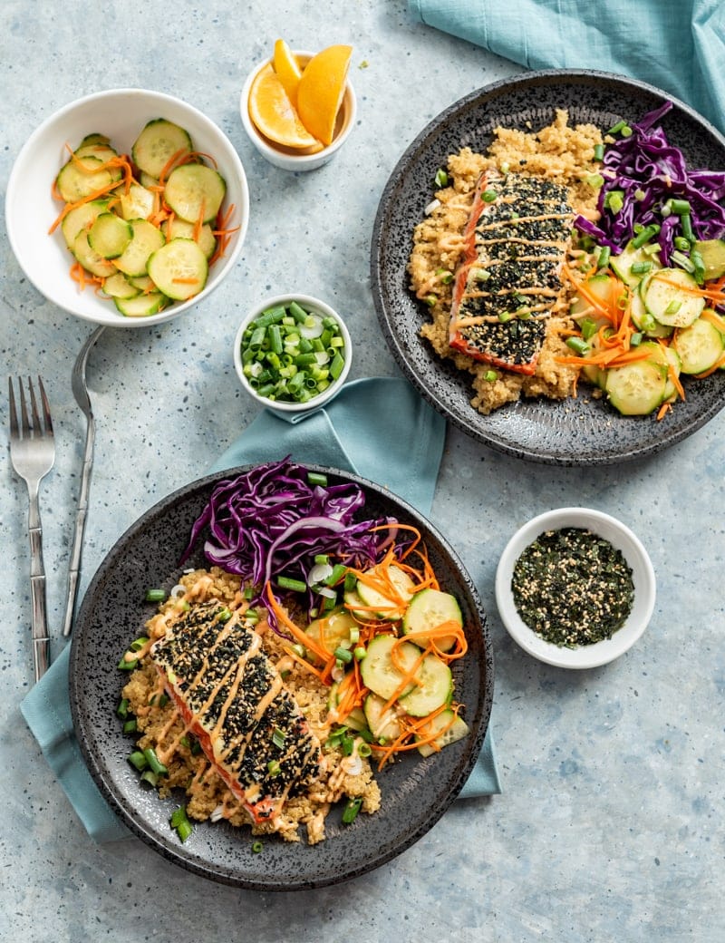 Spicy Furikake Salmon with Quinoa and Quick Pickled Cucumbers www.pineappleandcoconut.com