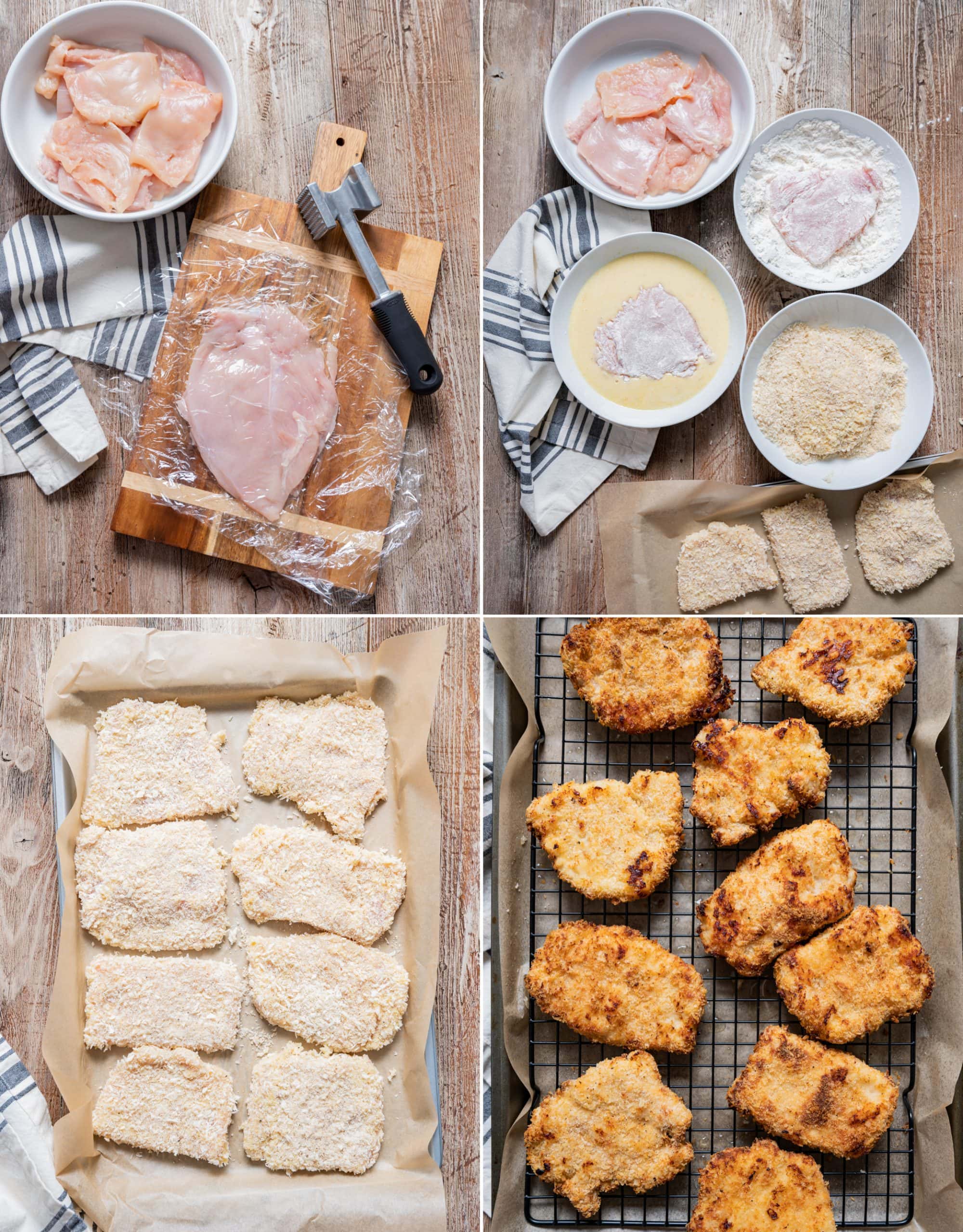 chicken schnitzel prep photos, chicken between plastic wrap with meat mallet, chicken in bowls of flour, egg mixture, breadcrumbs, prepared chicken on a tray, air fried chicken on a wire rack