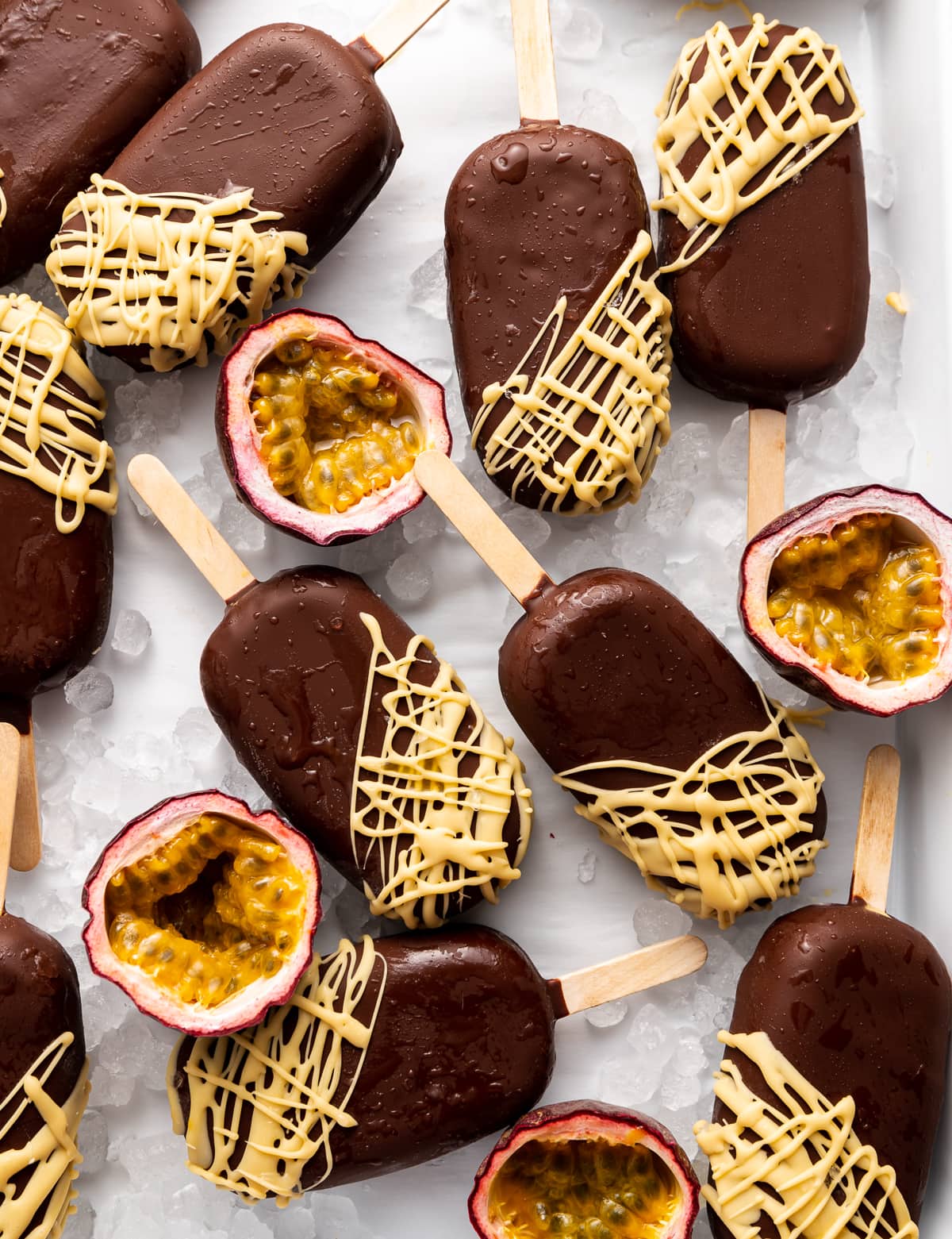 chocolate covered ice cream pops fresh passion fruits cut in half