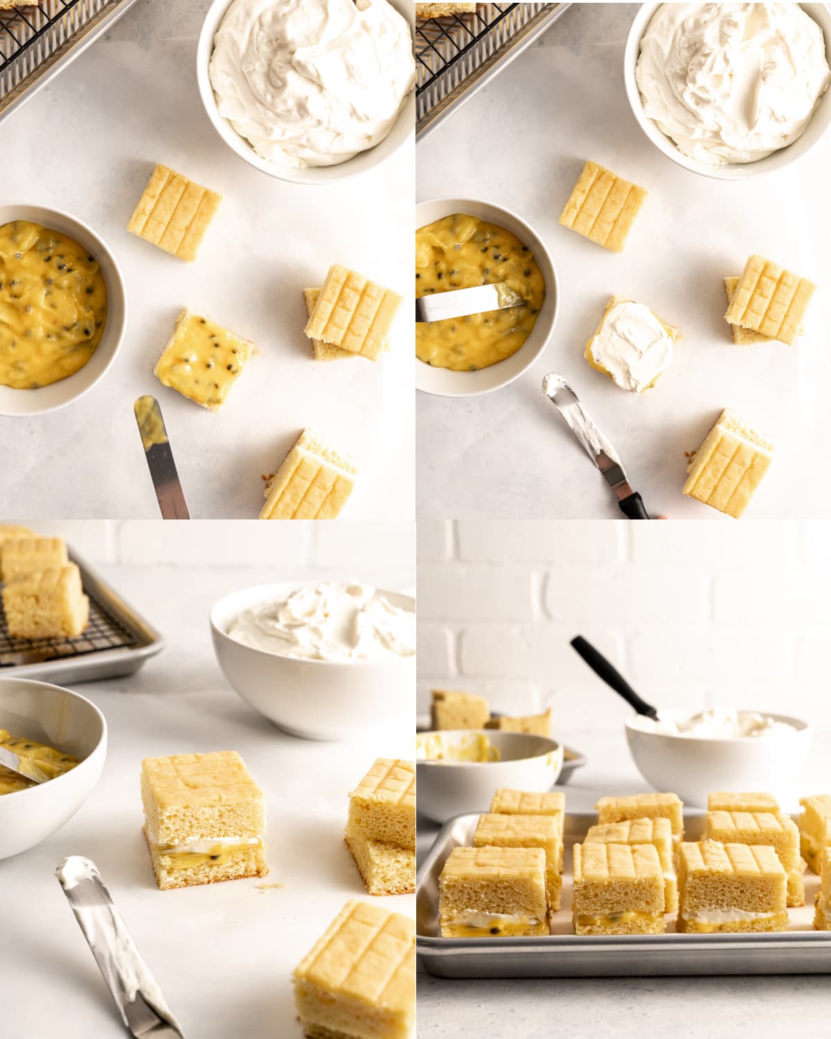 different prep stages of lamingtons sponge cake squares being filled with passion fruit curd and cream