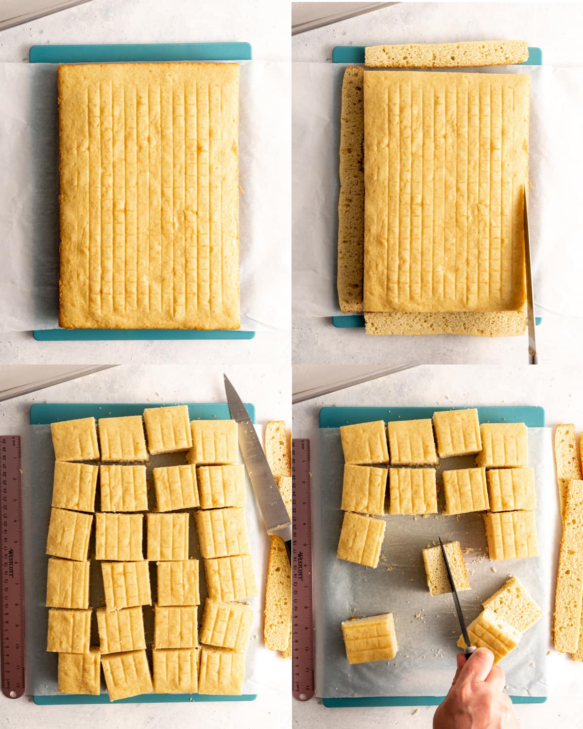 yellow sponge cake in different stages of being cut into squares 