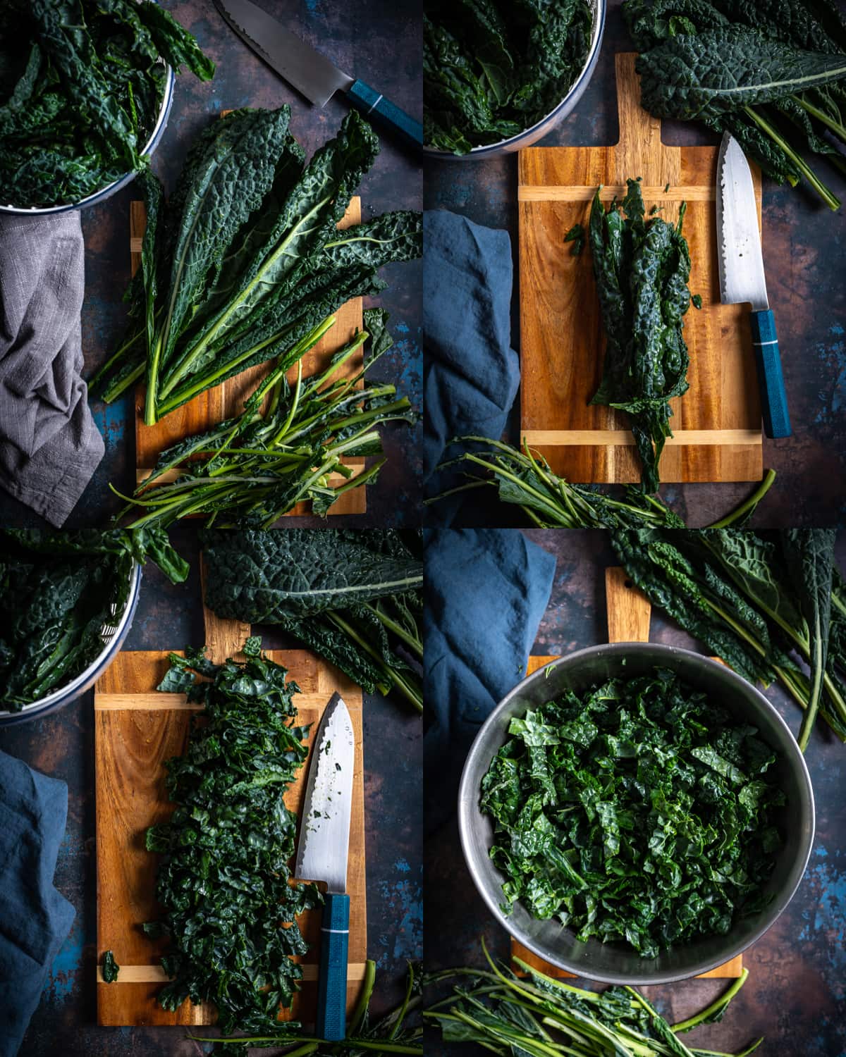 chopped and massaged kale process green tuscan kale on brown cutting boards whole chopped and in a metal bowl