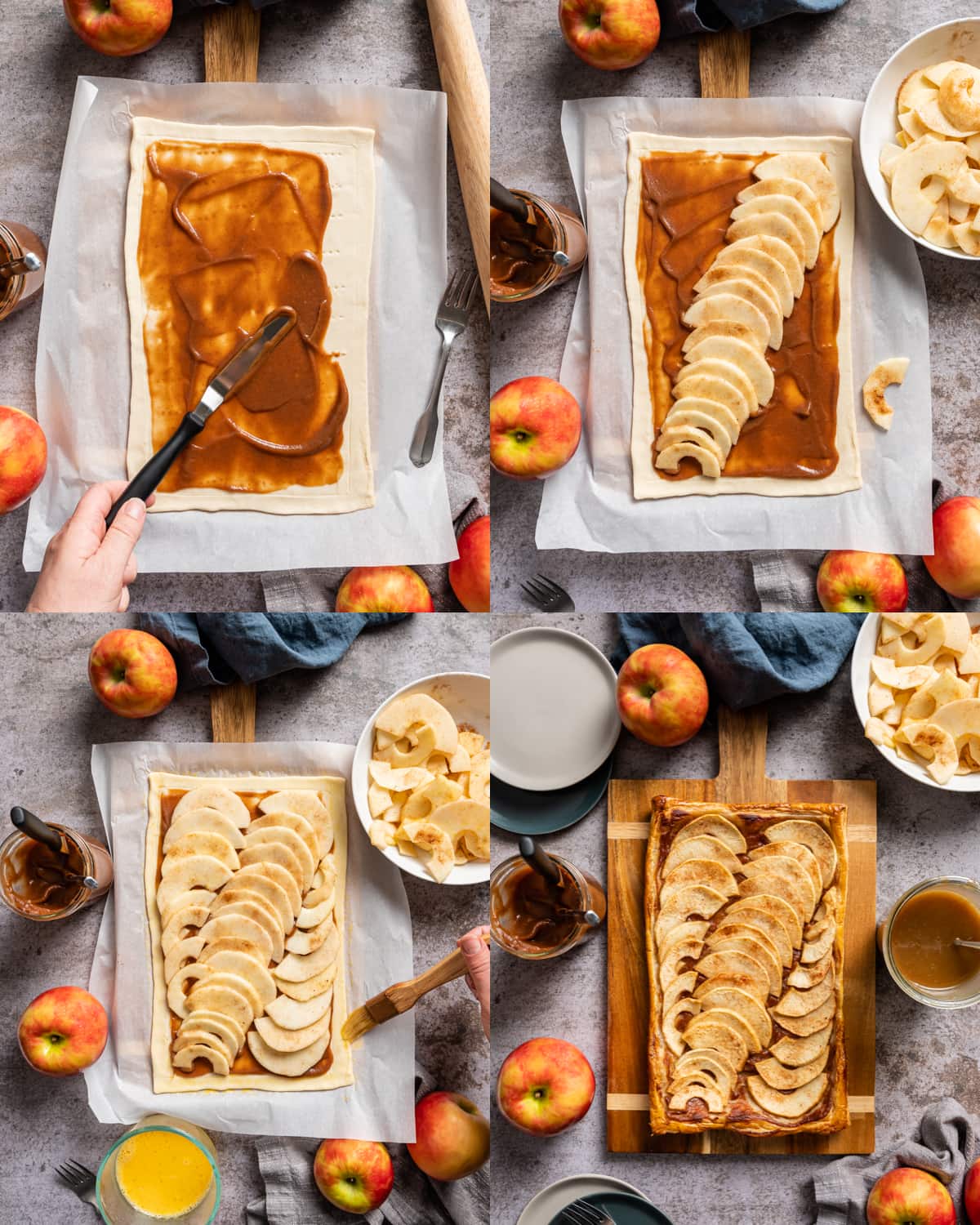 puff pastry assembly process pics brown apple butter spread on puff pastry apple slices on puff pastry 