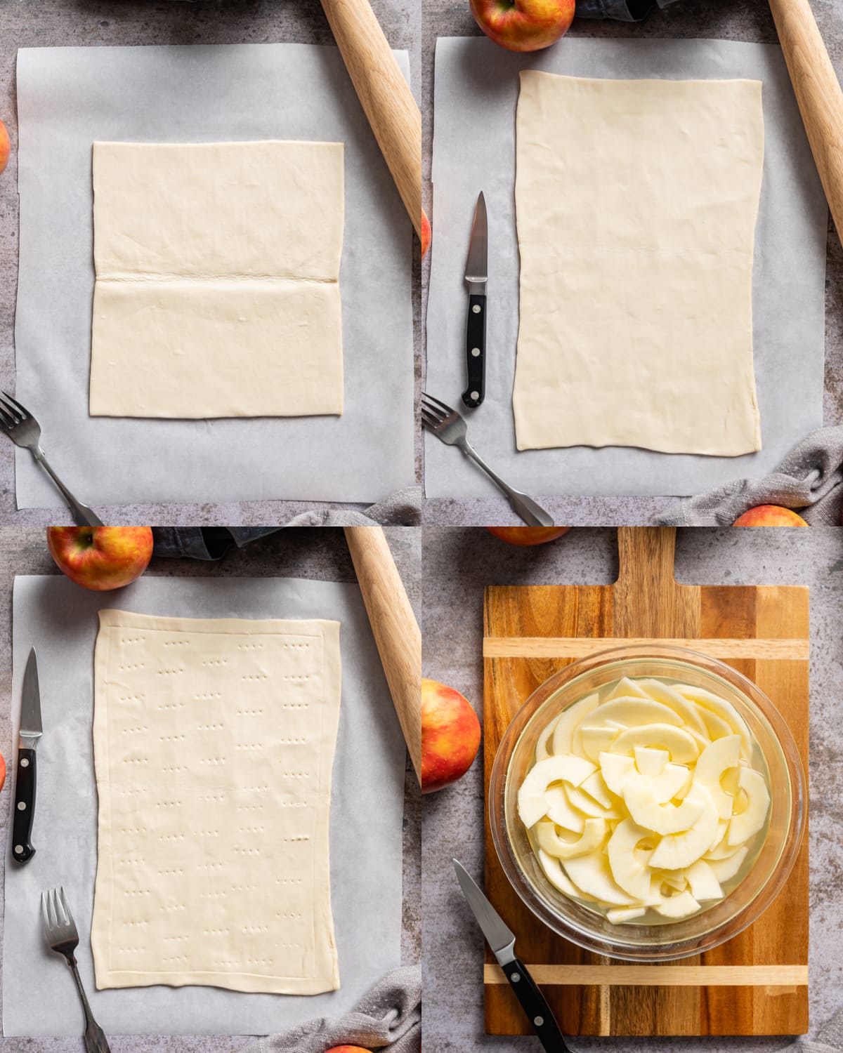 puff pastry tart assembly plain puff pastry rolled out and scored bowl of apple slices