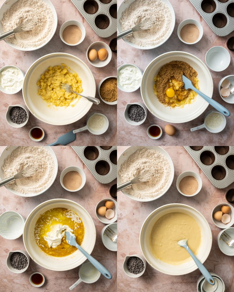 process photos of muffin batter in different stages of ingredients added and mixing