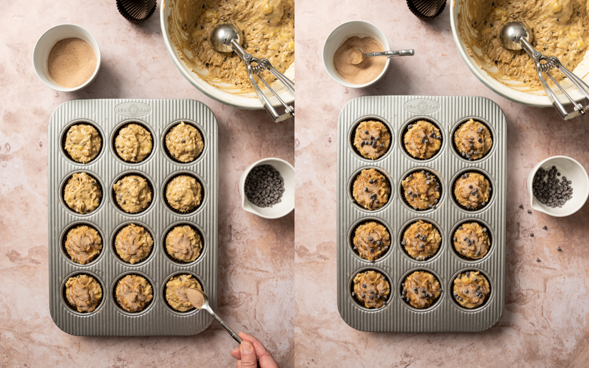 muffin batter in muffin tin with cinnamon sugar being added and after chocolate chips sprinkled over the top