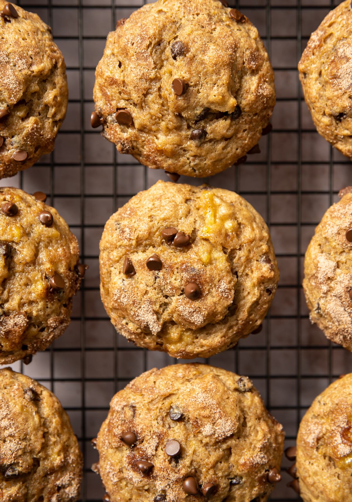 muffins with chocolate chips in brown wrappers on a wire cooling rack