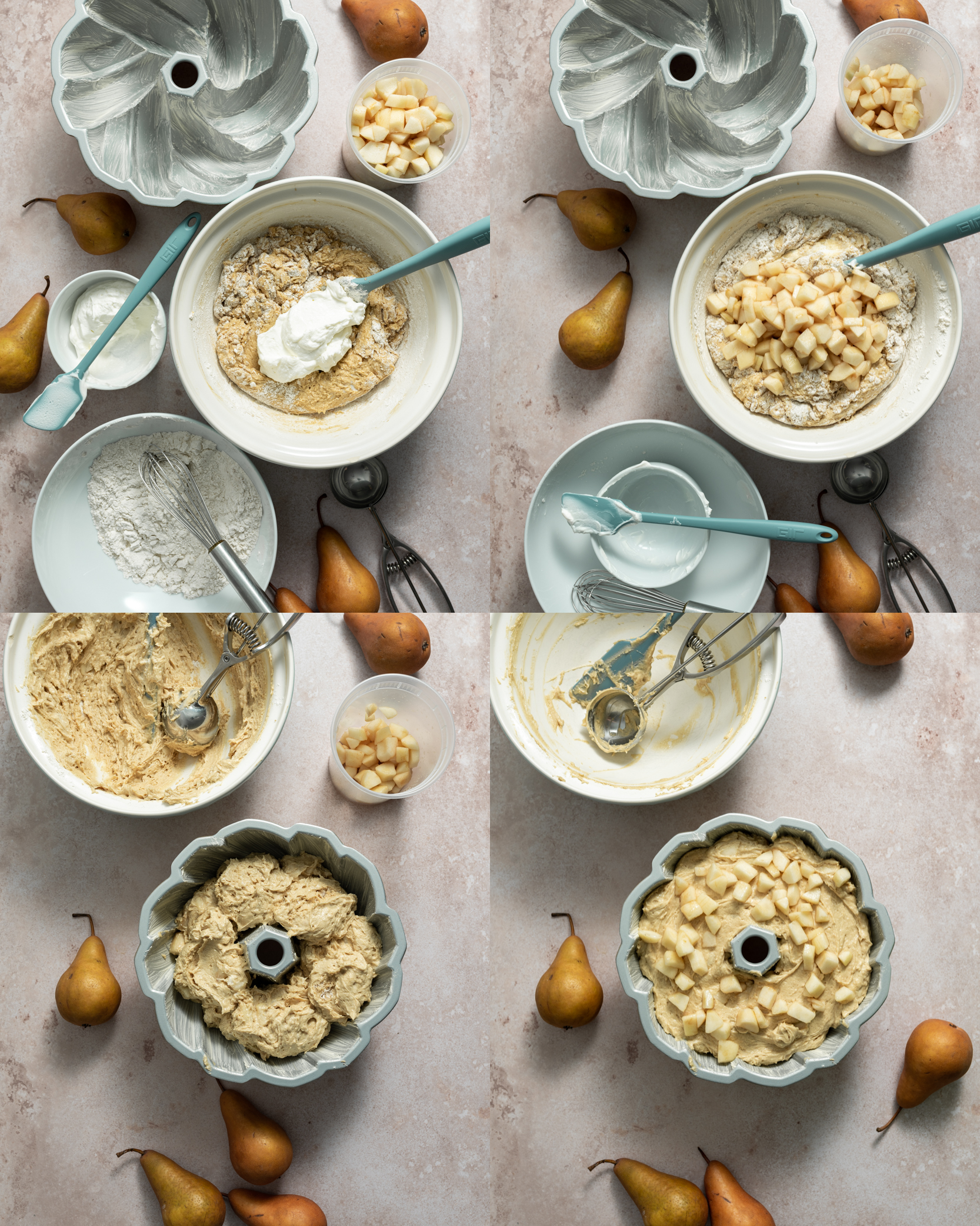 step by step process of making pear bundt cake