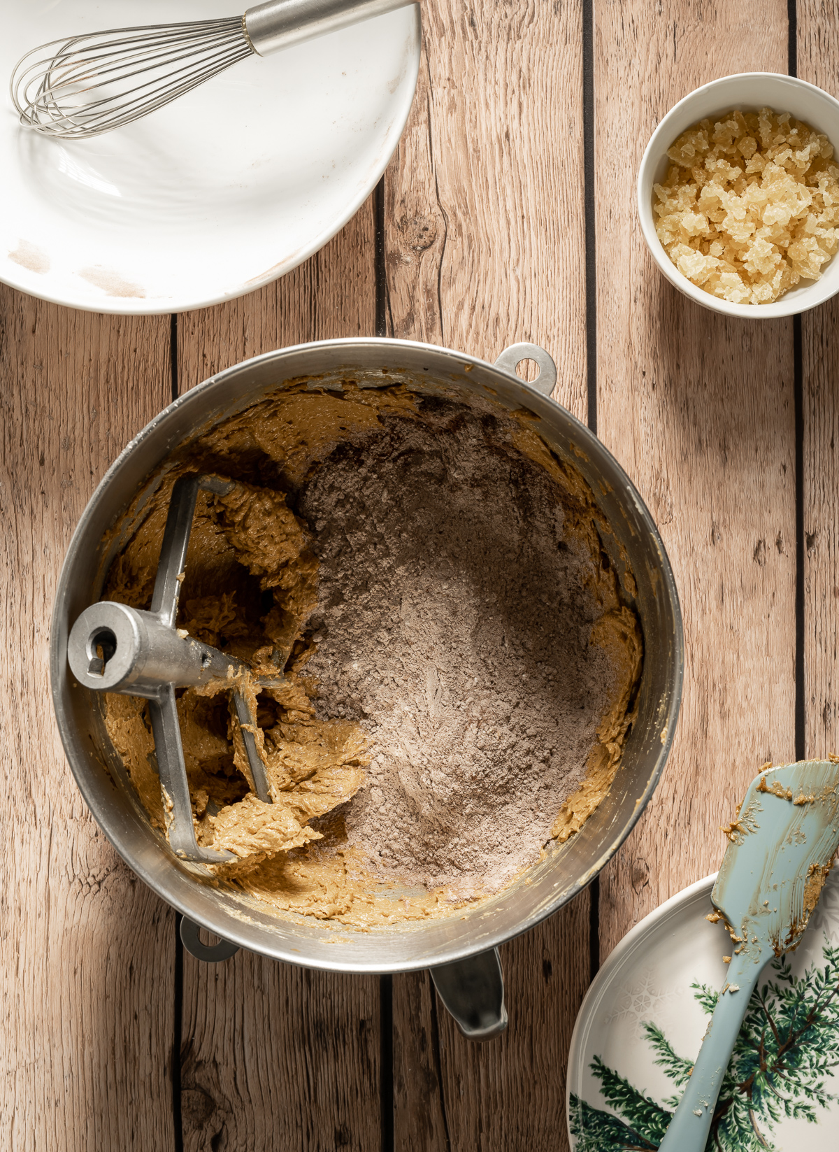 stand mixer bowl with chocolate cookie ingredients