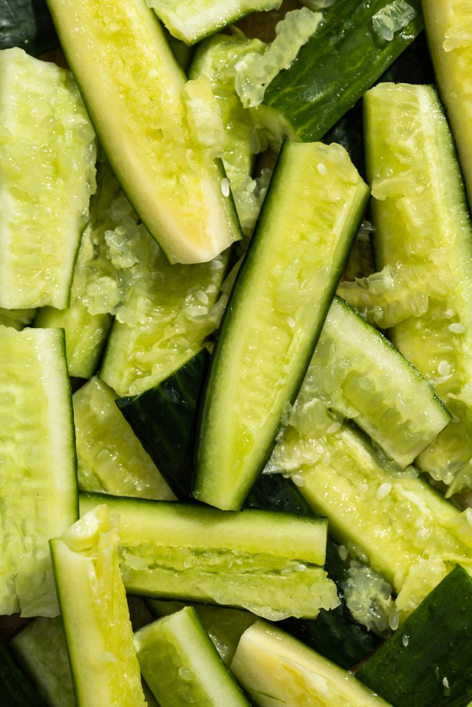 smashed cucumber pieces