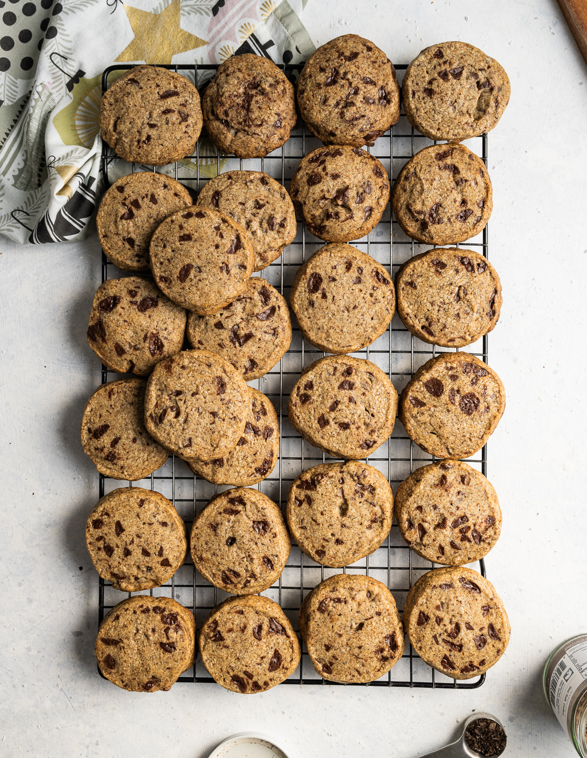 espresso shortbread cookies on a wire cooling rack